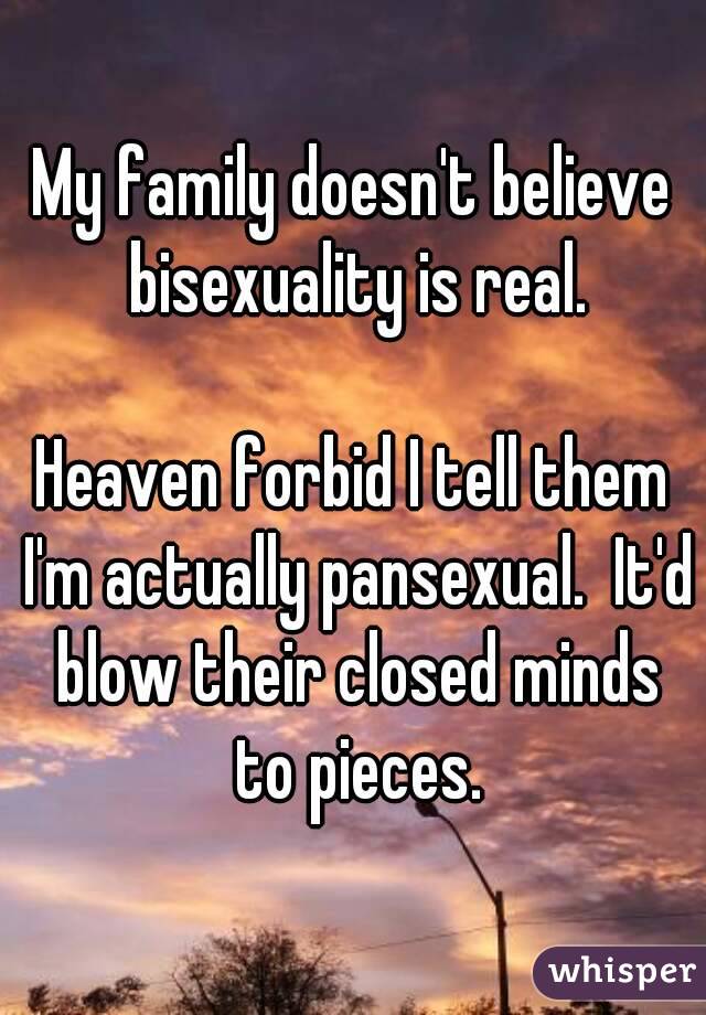 My family doesn't believe bisexuality is real.

Heaven forbid I tell them I'm actually pansexual.  It'd blow their closed minds to pieces.