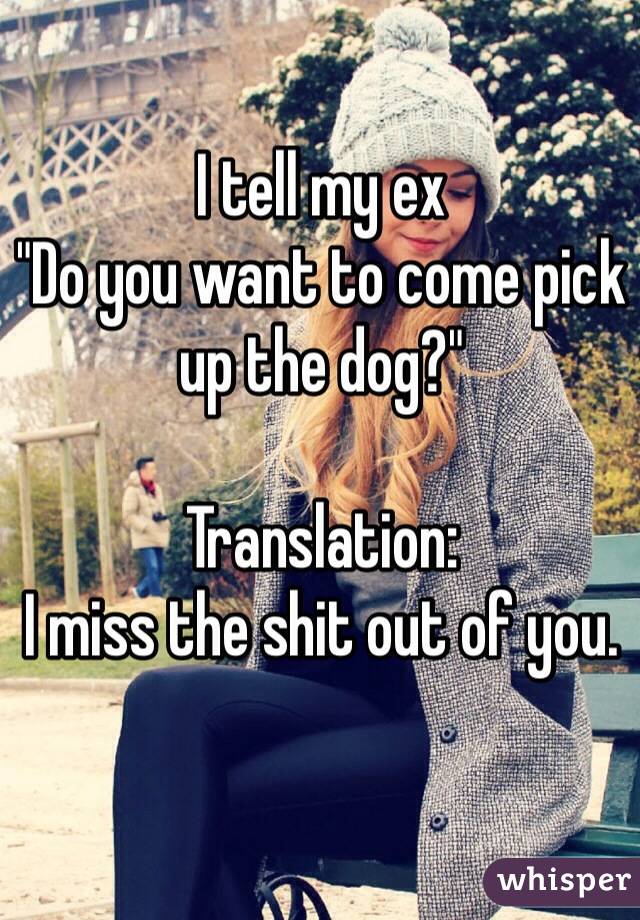 I tell my ex
"Do you want to come pick up the dog?"

Translation:
I miss the shit out of you.