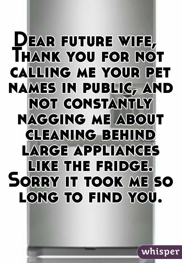 Dear future wife, 
Thank you for not calling me your pet names in public, and not constantly nagging me about cleaning behind large appliances like the fridge. Sorry it took me so long to find you.