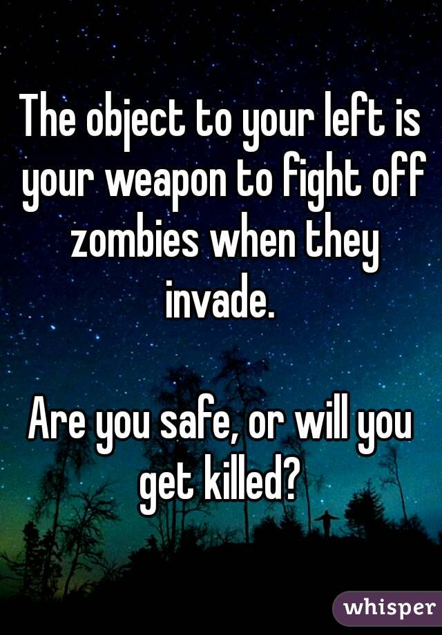 The object to your left is your weapon to fight off zombies when they invade. 

Are you safe, or will you get killed? 