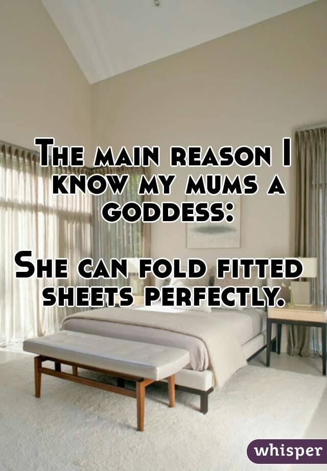 The main reason I know my mums a goddess:

She can fold fitted 
sheets perfectly.
