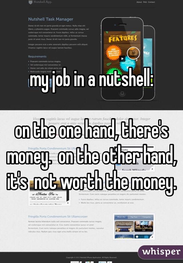 my job in a nutshell: 

on the one hand, there's money.  on the other hand, it's  not worth the money. 