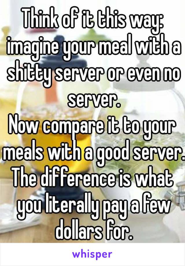 Think of it this way: imagine your meal with a shitty server or even no server.
Now compare it to your meals with a good server.
The difference is what you literally pay a few dollars for.