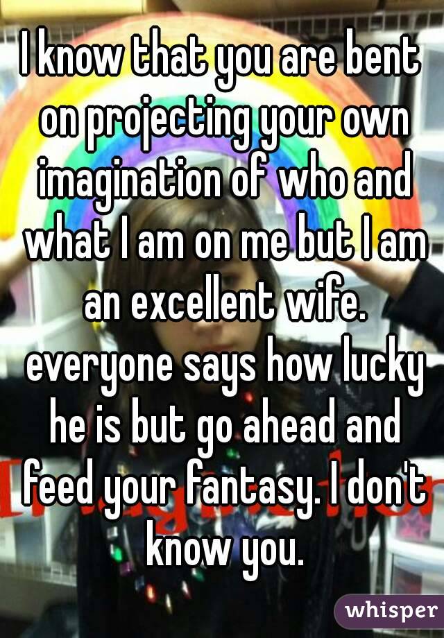 I know that you are bent on projecting your own imagination of who and what I am on me but I am an excellent wife. everyone says how lucky he is but go ahead and feed your fantasy. I don't know you.
