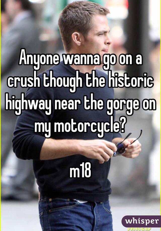 Anyone wanna go on a crush though the historic highway near the gorge on my motorcycle?

m18
