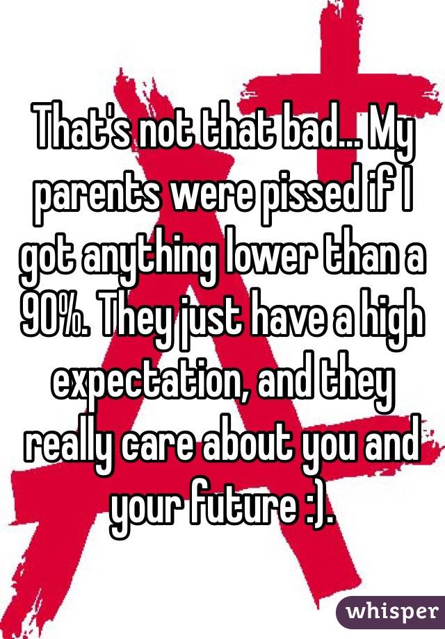 That's not that bad... My parents were pissed if I got anything lower than a 90%. They just have a high expectation, and they really care about you and your future :). 