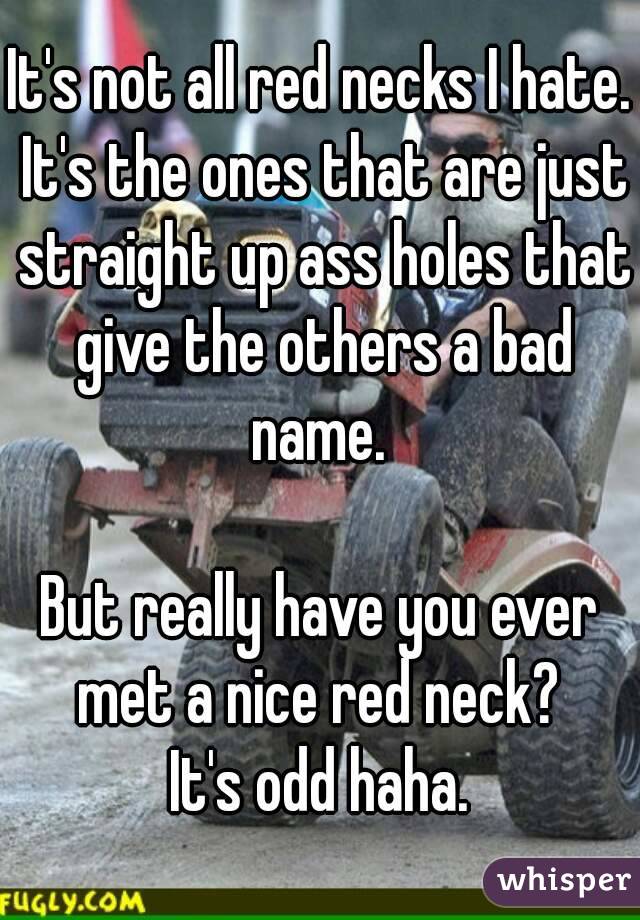 It's not all red necks I hate. It's the ones that are just straight up ass holes that give the others a bad name. 

But really have you ever met a nice red neck? 
It's odd haha.