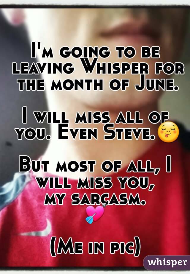 I'm going to be leaving Whisper for the month of June.

I will miss all of you. Even Steve.😋

But most of all, I will miss you, 
my sarcasm.
💘

(Me in pic)