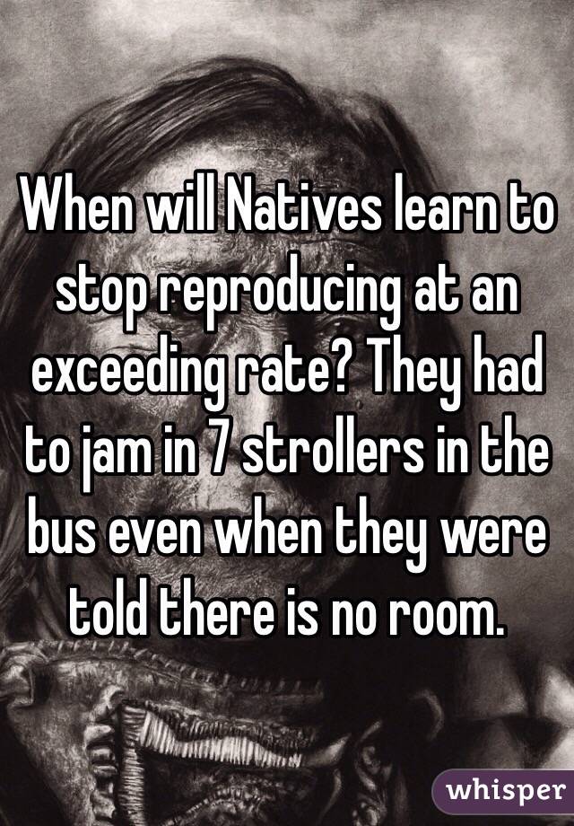 When will Natives learn to stop reproducing at an exceeding rate? They had to jam in 7 strollers in the bus even when they were told there is no room.