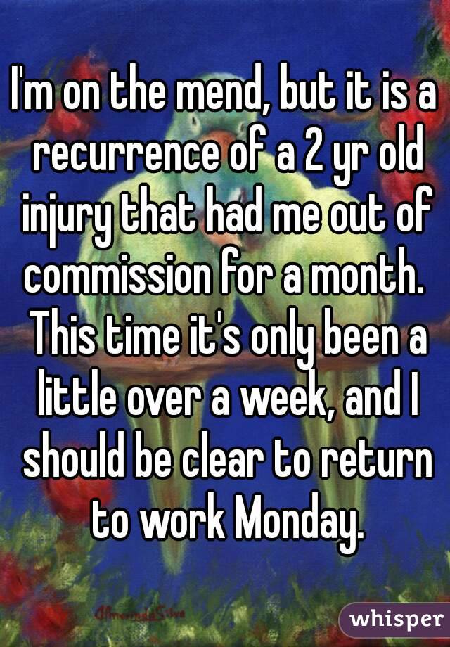 I'm on the mend, but it is a recurrence of a 2 yr old injury that had me out of commission for a month.  This time it's only been a little over a week, and I should be clear to return to work Monday.