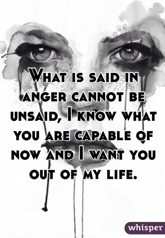 What is said in anger cannot be unsaid, I know what you are capable of now and I want you out of my life.