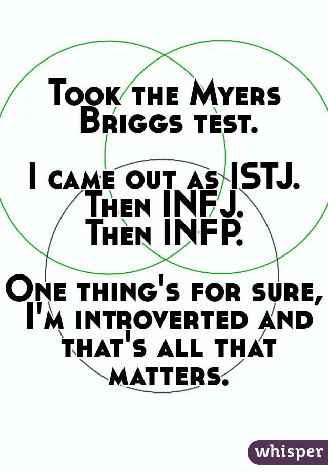 Took the Myers Briggs test.

I came out as ISTJ.
Then INFJ.
Then INFP.

One thing's for sure, I'm introverted and that's all that matters.
