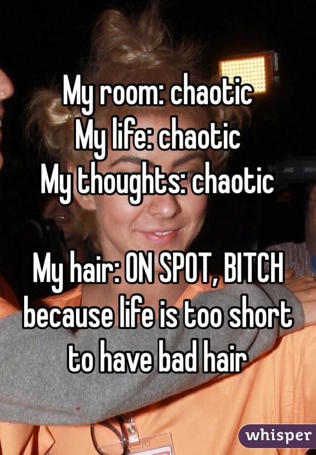 My room: chaotic
My life: chaotic
My thoughts: chaotic

My hair: ON SPOT, BITCH
because life is too short to have bad hair