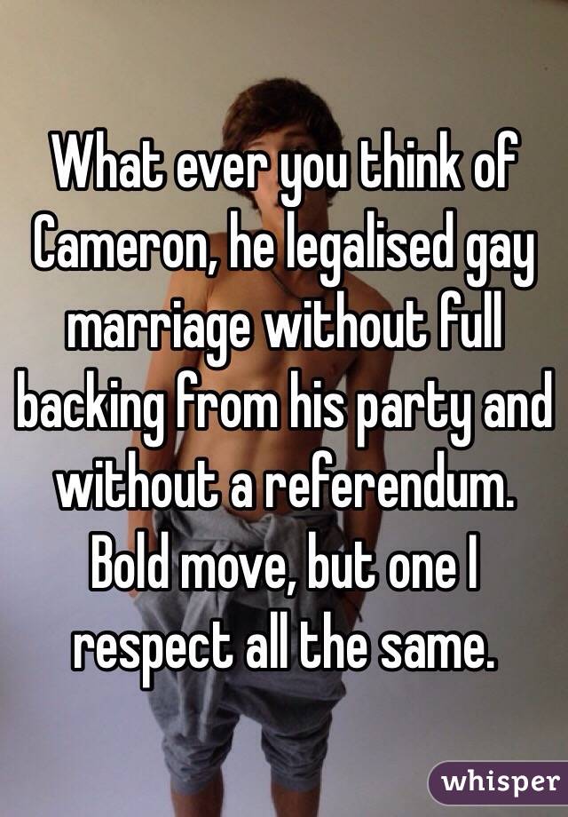 What ever you think of Cameron, he legalised gay marriage without full backing from his party and without a referendum. Bold move, but one I respect all the same.