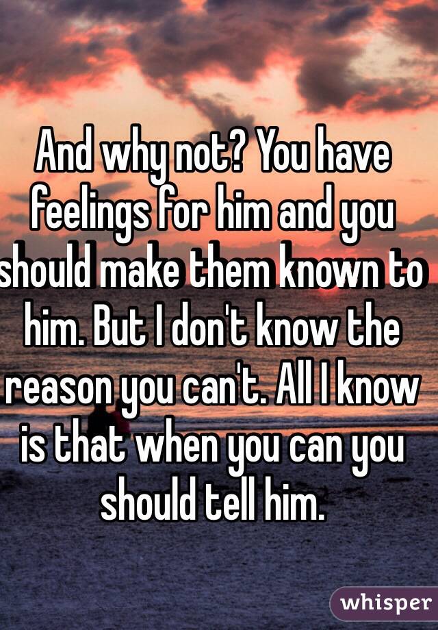 And why not? You have feelings for him and you should make them known to him. But I don't know the reason you can't. All I know is that when you can you should tell him.
