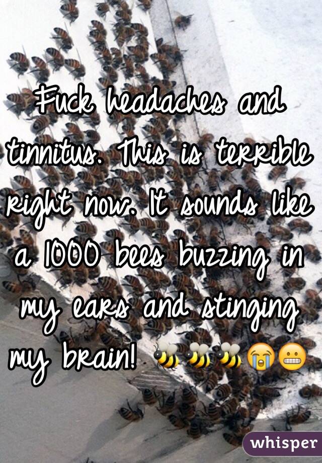 Fuck headaches and tinnitus. This is terrible right now. It sounds like a 1000 bees buzzing in my ears and stinging my brain! 🐝🐝🐝😭😬