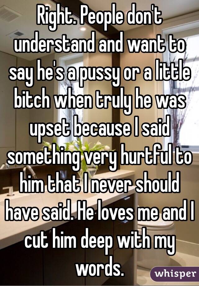 Right. People don't understand and want to say he's a pussy or a little bitch when truly he was upset because I said something very hurtful to him that I never should have said. He loves me and I cut him deep with my words. 