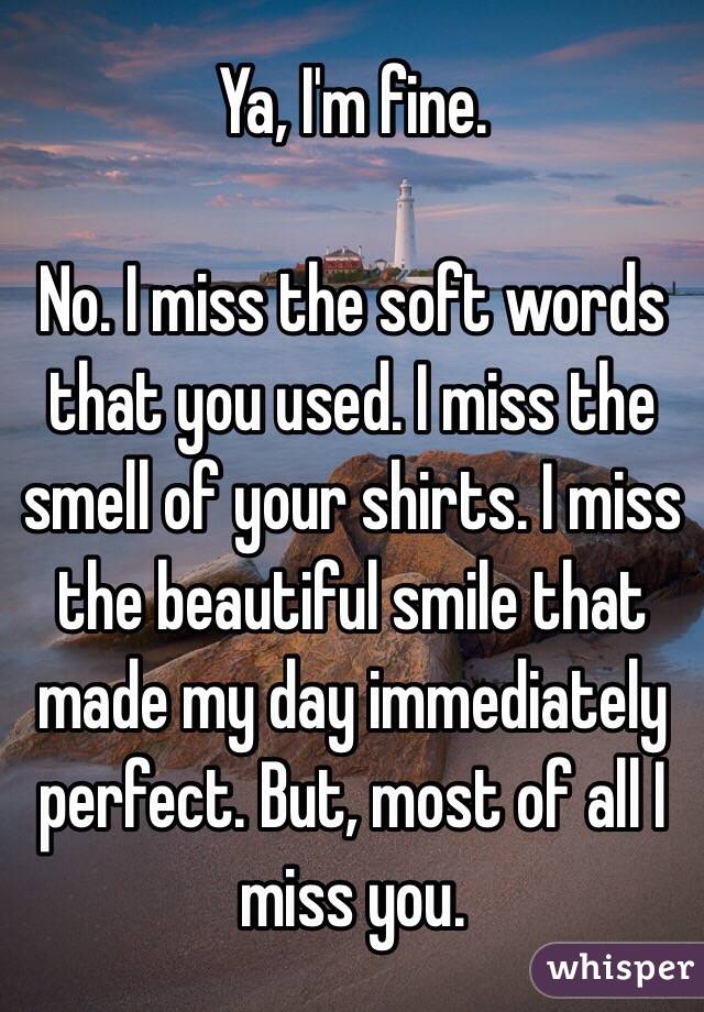 Ya, I'm fine.

No. I miss the soft words that you used. I miss the smell of your shirts. I miss the beautiful smile that made my day immediately perfect. But, most of all I miss you.