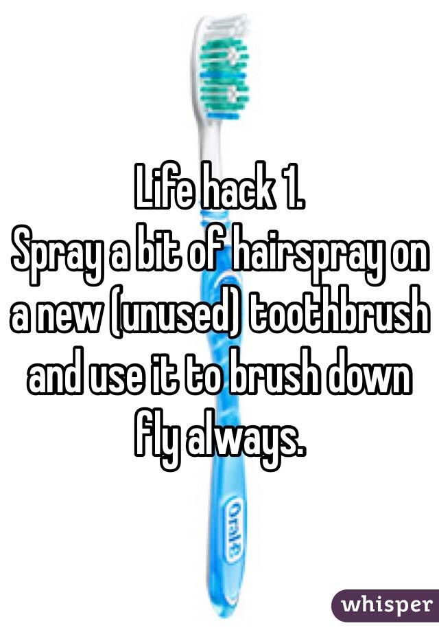 Life hack 1. 
Spray a bit of hairspray on a new (unused) toothbrush and use it to brush down fly always. 