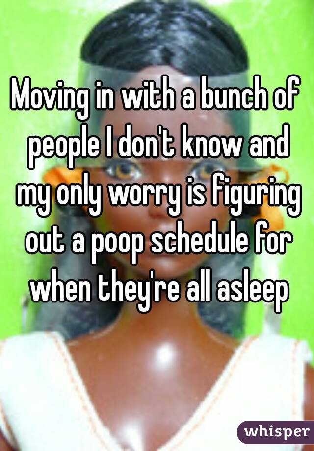 Moving in with a bunch of people I don't know and my only worry is figuring out a poop schedule for when they're all asleep