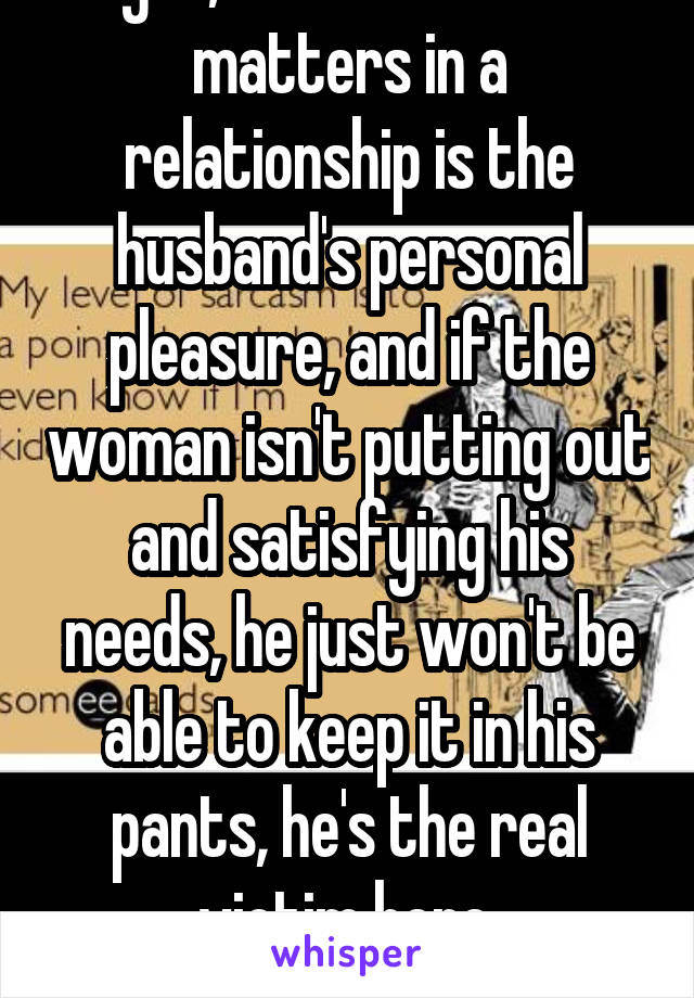  Right, because all that matters in a relationship is the husband's personal pleasure, and if the woman isn't putting out and satisfying his needs, he just won't be able to keep it in his pants, he's the real victim here.
*sarcasm*