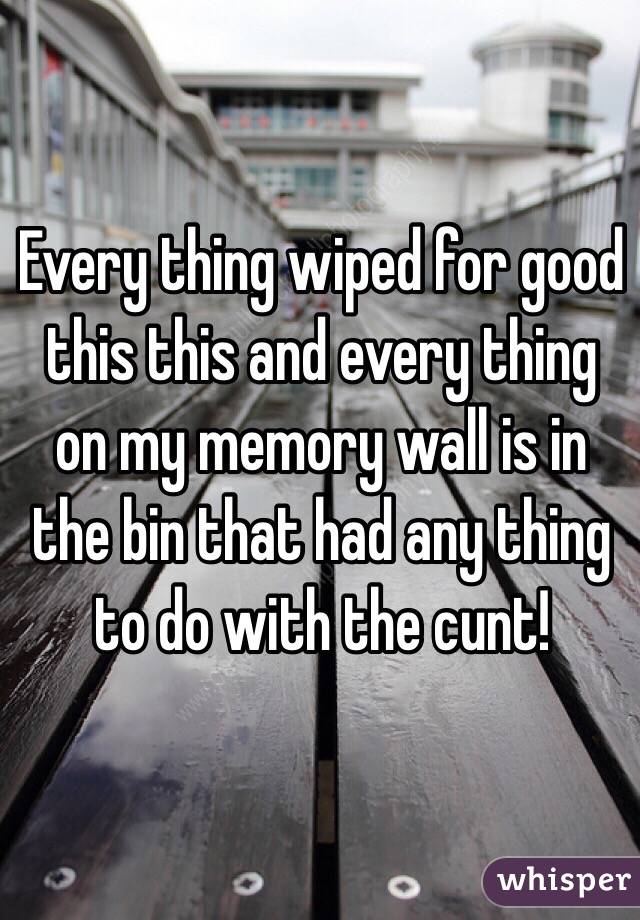 Every thing wiped for good this this and every thing on my memory wall is in the bin that had any thing to do with the cunt! 