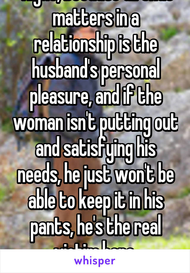  Right, because all that matters in a relationship is the husband's personal pleasure, and if the woman isn't putting out and satisfying his needs, he just won't be able to keep it in his pants, he's the real victim here.
*sarcasm*