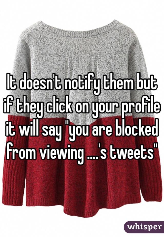 It doesn't notify them but if they click on your profile it will say "you are blocked from viewing ....'s tweets"