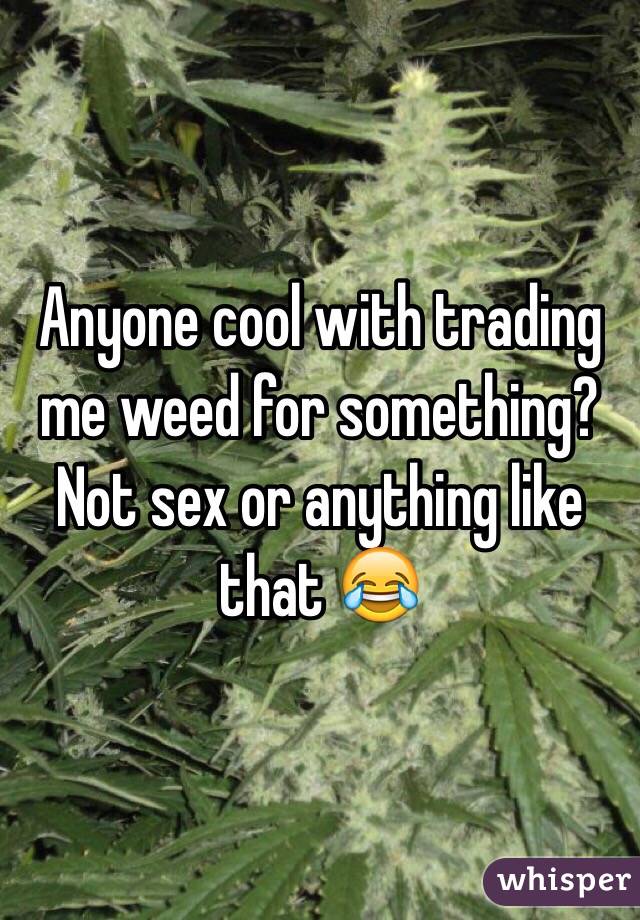 Anyone cool with trading me weed for something? Not sex or anything like that 😂
