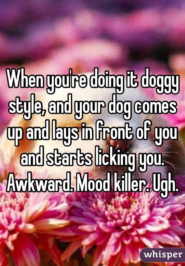 When you're doing it doggy style, and your dog comes up and lays in front of you and starts licking you. Awkward. Mood killer. Ugh. 