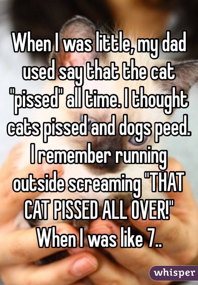 When I was little, my dad used say that the cat "pissed" all time. I thought cats pissed and dogs peed. I remember running outside screaming "THAT CAT PISSED ALL OVER!" When I was like 7..