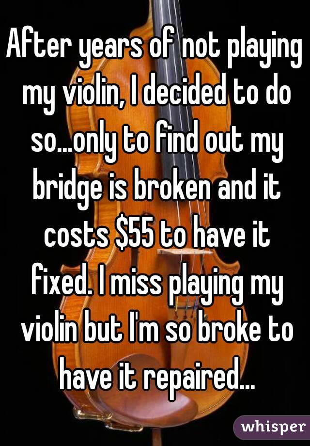 After years of not playing my violin, I decided to do so...only to find out my bridge is broken and it costs $55 to have it fixed. I miss playing my violin but I'm so broke to have it repaired...