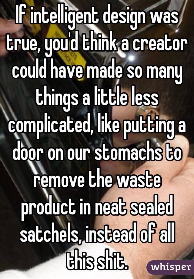 If intelligent design was true, you'd think a creator could have made so many things a little less complicated, like putting a door on our stomachs to remove the waste product in neat sealed satchels, instead of all this shit.