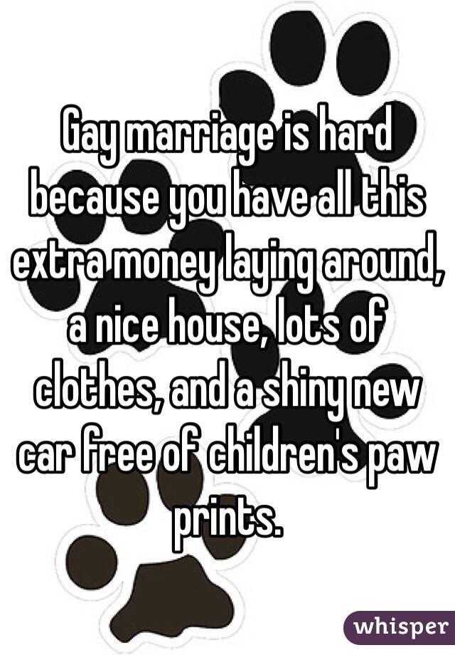 Gay marriage is hard because you have all this extra money laying around, a nice house, lots of clothes, and a shiny new car free of children's paw prints.