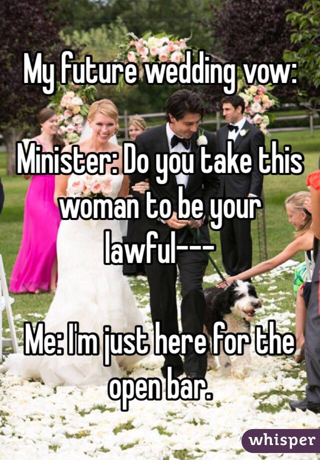 My future wedding vow:

Minister: Do you take this woman to be your lawful---

Me: I'm just here for the open bar.