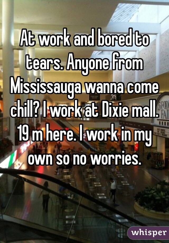 At work and bored to tears. Anyone from Mississauga wanna come chill? I work at Dixie mall. 19 m here. I work in my own so no worries. 