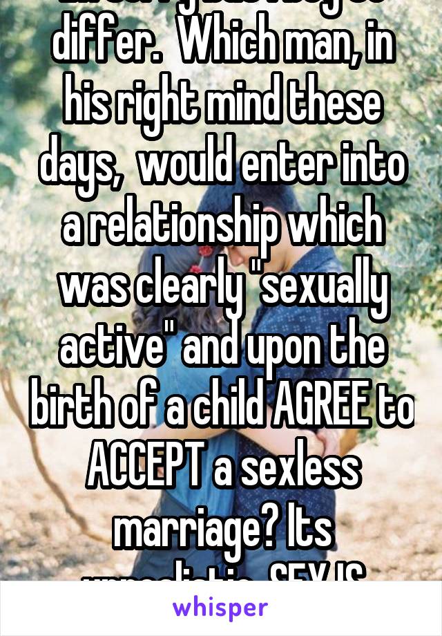 Im sorry but I beg to differ.  Which man, in his right mind these days,  would enter into a relationship which was clearly "sexually active" and upon the birth of a child AGREE to ACCEPT a sexless marriage? Its unrealistic. SEX IS Important.