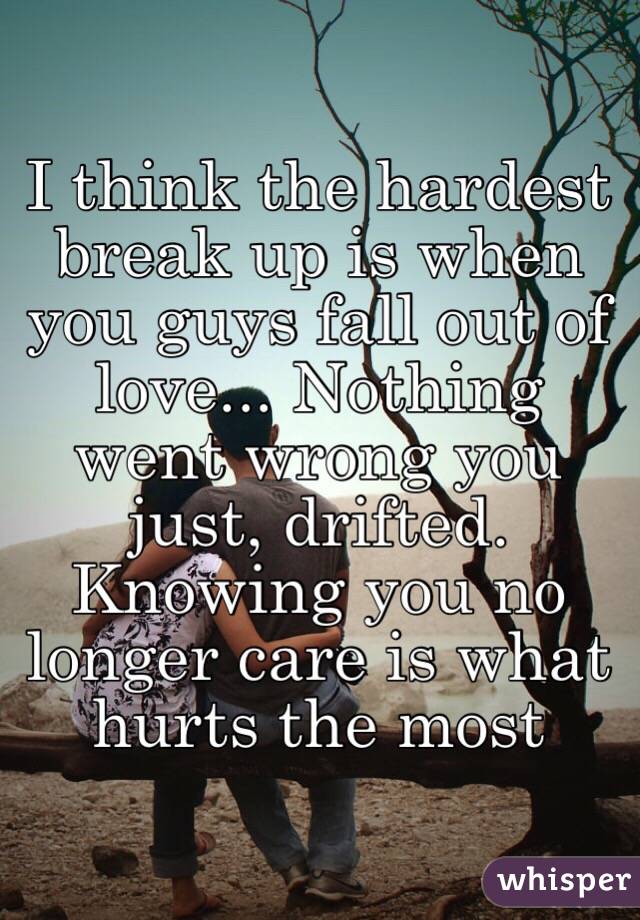 I think the hardest break up is when you guys fall out of love... Nothing went wrong you just, drifted. Knowing you no longer care is what hurts the most 