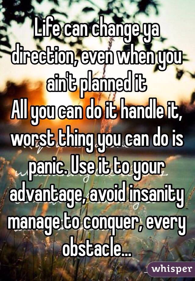 Life can change ya direction, even when you ain't planned it
All you can do it handle it, worst thing you can do is panic. Use it to your advantage, avoid insanity manage to conquer, every obstacle...