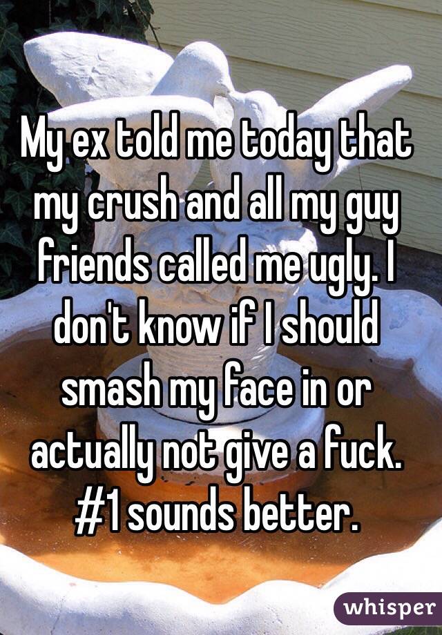 My ex told me today that my crush and all my guy friends called me ugly. I don't know if I should smash my face in or actually not give a fuck. #1 sounds better. 