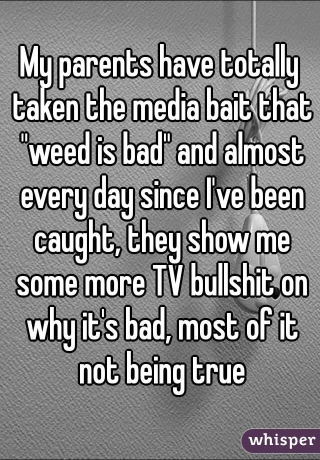 My parents have totally taken the media bait that "weed is bad" and almost every day since I've been caught, they show me some more TV bullshit on why it's bad, most of it not being true