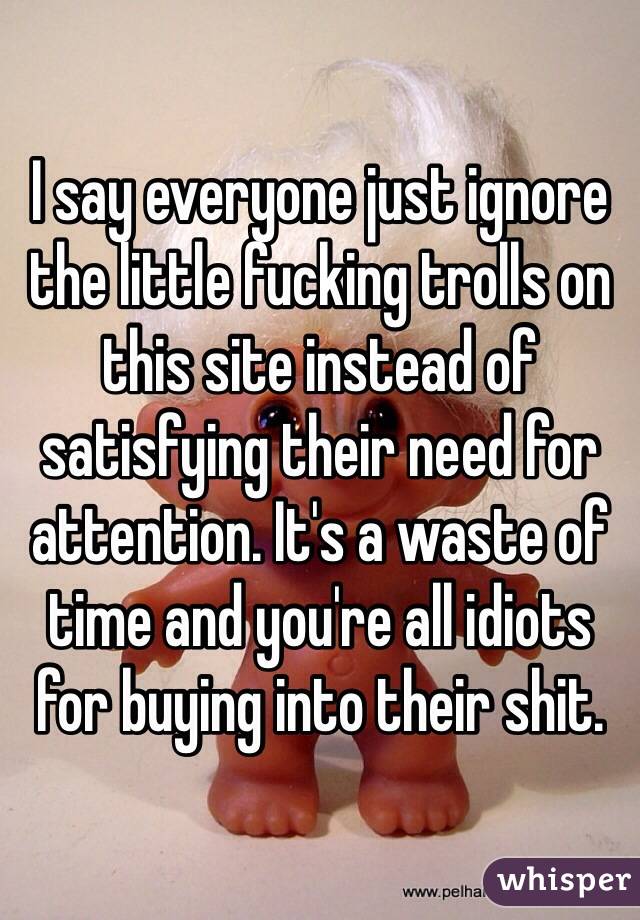 I say everyone just ignore the little fucking trolls on this site instead of satisfying their need for attention. It's a waste of time and you're all idiots for buying into their shit. 