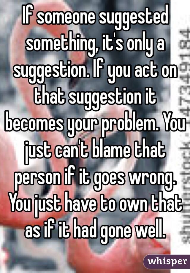 If someone suggested something, it's only a suggestion. If you act on that suggestion it becomes your problem. You just can't blame that person if it goes wrong. 
You just have to own that as if it had gone well. 
