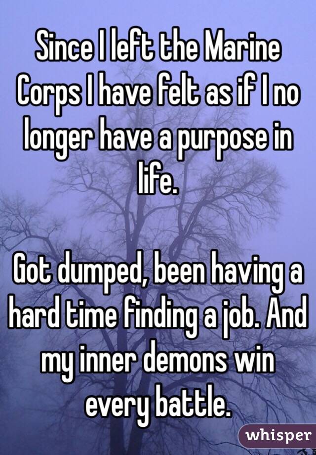 Since I left the Marine Corps I have felt as if I no longer have a purpose in life. 

Got dumped, been having a hard time finding a job. And my inner demons win every battle. 
