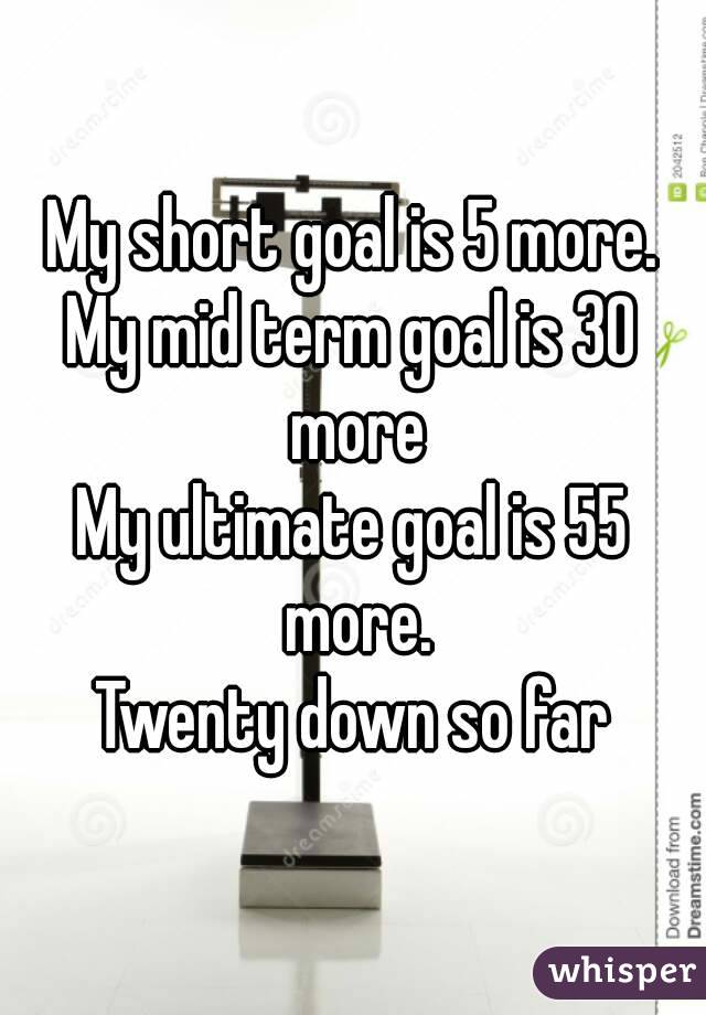 My short goal is 5 more.
My mid term goal is 30 more
My ultimate goal is 55 more.
Twenty down so far