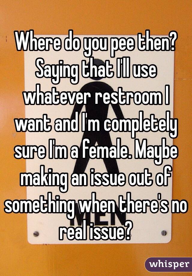 Where do you pee then? Saying that I'll use whatever restroom I want and I'm completely sure I'm a female. Maybe making an issue out of something when there's no real issue? 