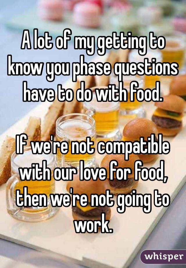 A lot of my getting to know you phase questions have to do with food.

If we're not compatible with our love for food, then we're not going to work. 