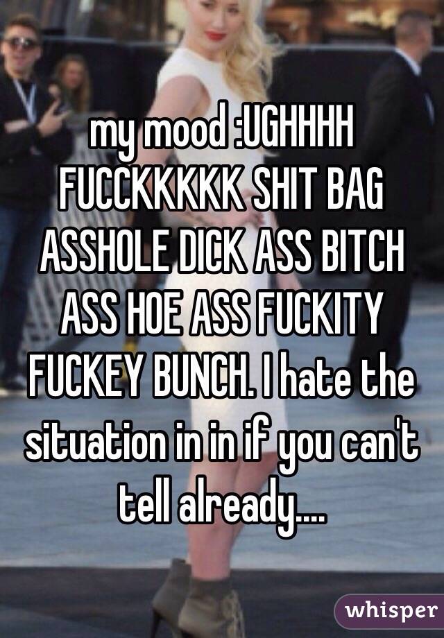 my mood :UGHHHH FUCCKKKKK SHIT BAG ASSHOLE DICK ASS BITCH ASS HOE ASS FUCKITY FUCKEY BUNCH. I hate the situation in in if you can't tell already....