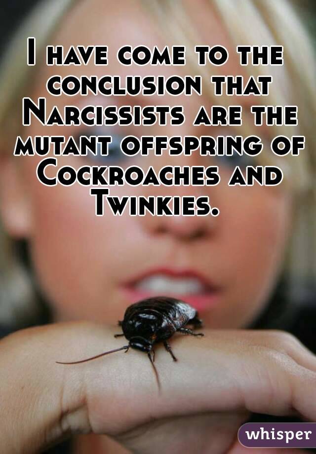 I have come to the conclusion that Narcissists are the mutant offspring of Cockroaches and Twinkies. 