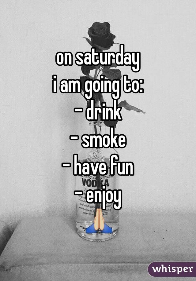 on saturday
i am going to:
- drink
- smoke
- have fun
- enjoy
🙏🏼